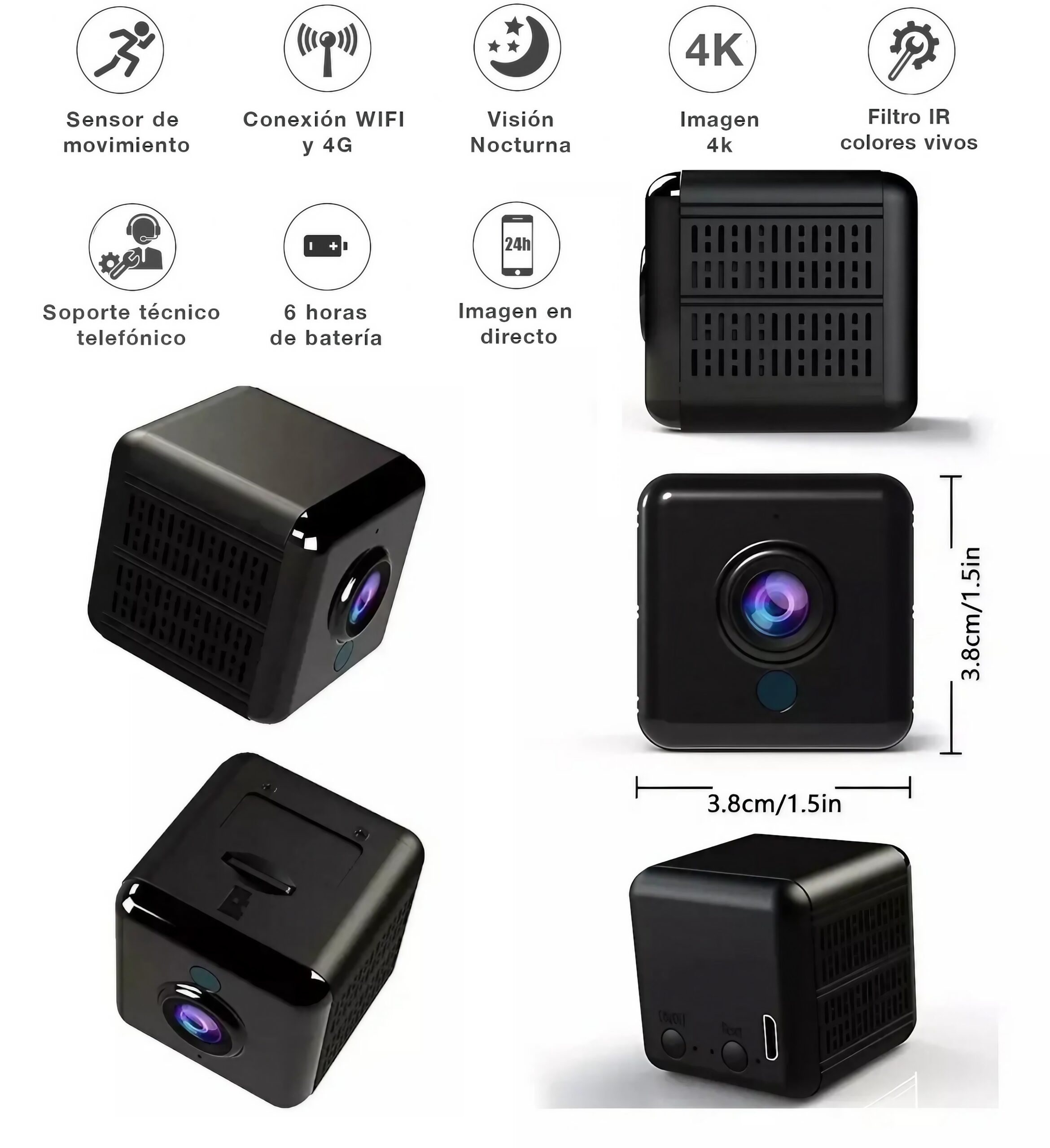 Mini Cámara Espía 4k Wifi, Detección de Movimiento, Visión Nocturna,  Control Remoto por APP con Ranura